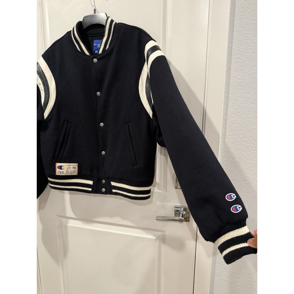 Zara x Champion Varsity Jacket Black Jagged Granite Peaks Class of 75 Size M - Picture 8 of 16